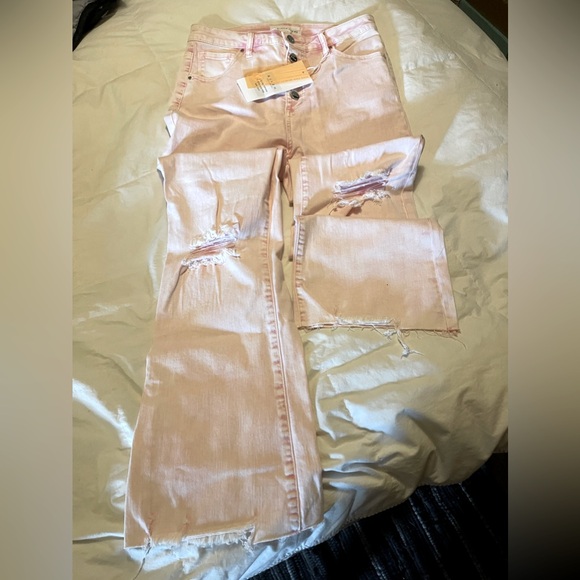 Risen Button Down Straight Leg Distressed Jeans - Picture 1 of 6